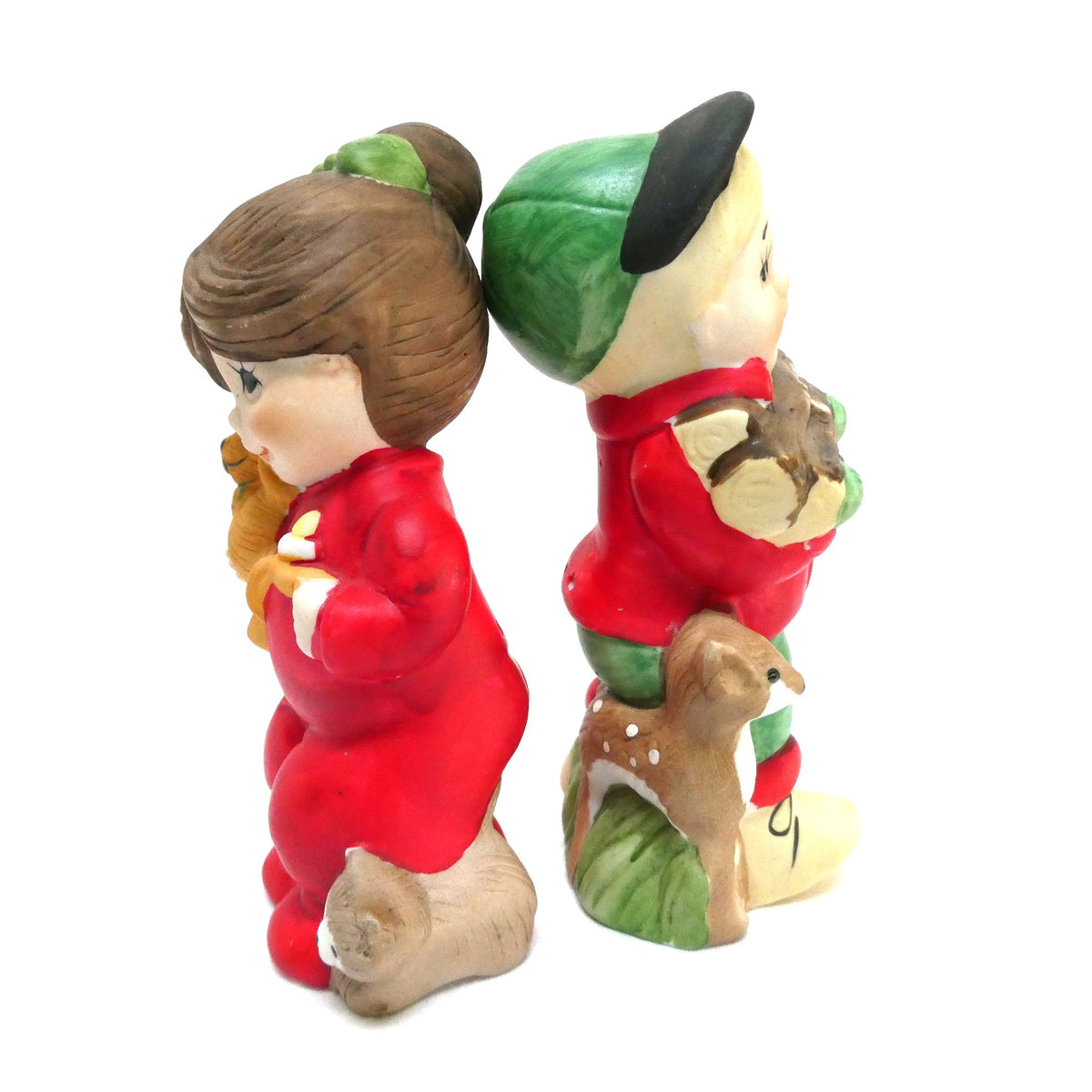 Pair of Vintage 1970's 'Sugarplum' Christmas Holiday Porcelain Pomander Figurines: Featuring Girl in Red PJ's and Boy Carrying Wood