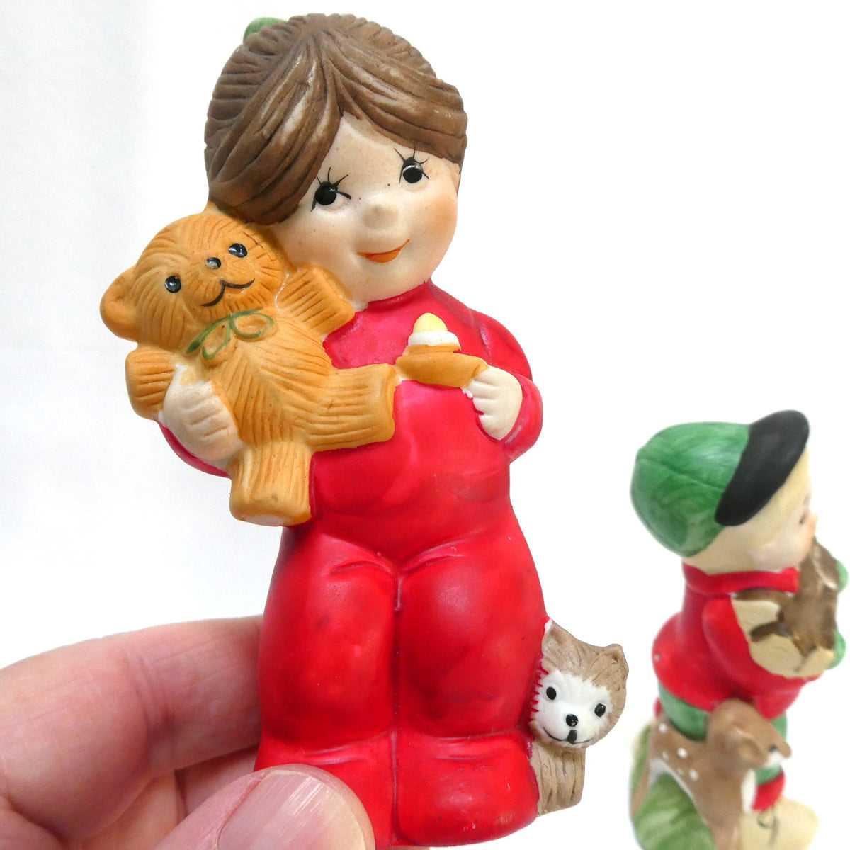 Pair of Vintage 1970's 'Sugarplum' Christmas Holiday Porcelain Pomander Figurines: Featuring Girl in Red PJ's and Boy Carrying Wood