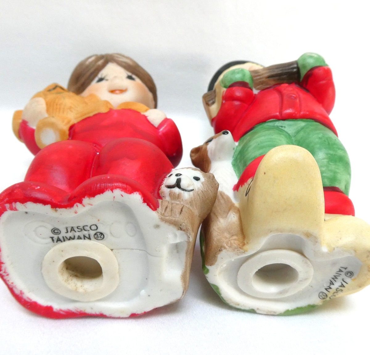 Pair of Vintage 1970's 'Sugarplum' Christmas Holiday Porcelain Pomander Figurines: Featuring Girl in Red PJ's and Boy Carrying Wood