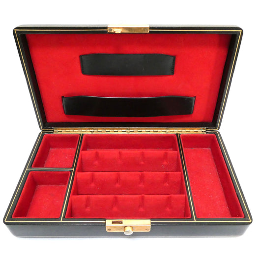 Mid-Century Italian Black Leather Jewelry Box with a gold-gilded border, secure front latch, and a striking deep red velvet lining
