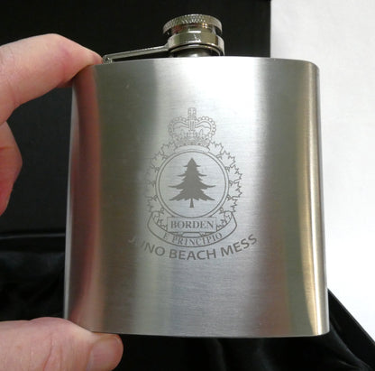 Contemporary Stainless Steel Hip Flask Gift Set: Featuring Laser-Engraved CFB Borden Juno Beach Junior Ranks Military Mess Name and Crest