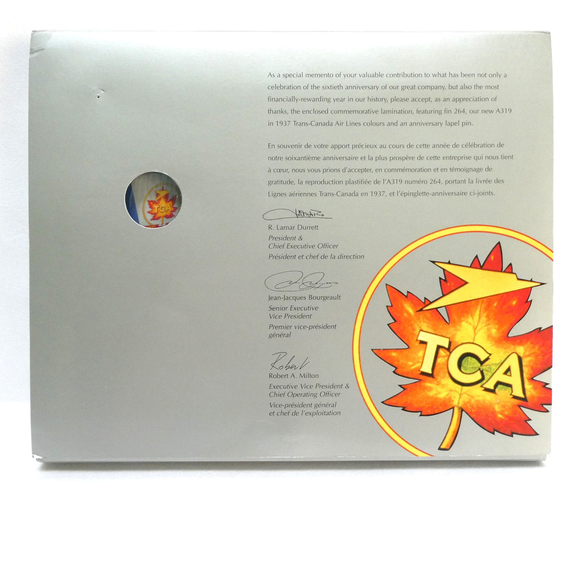 AIR CANADA 60th ANNIVERSARY PLAQUE: Issued in 1997 to celebrate the original 1937 Trans-Canada Air Lines