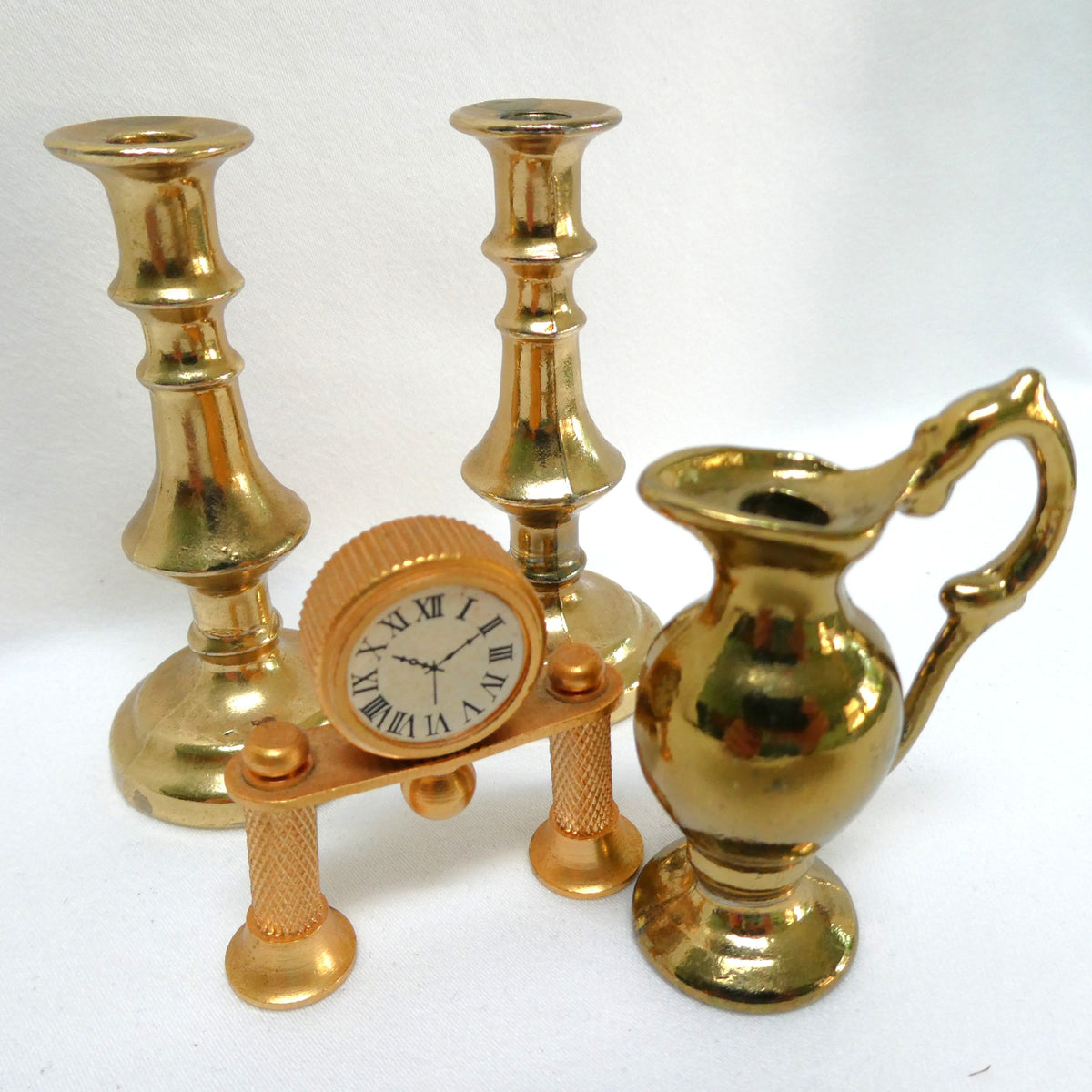 Vintage Miniature Solid Brass Novelty Items #2: TWO Candle Sticks, Pitcher or Ewer, and The Mantle Clock (Priced Individually)
