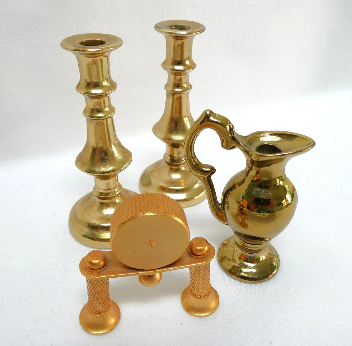 Vintage Miniature Solid Brass Novelty Items #2: TWO Candle Sticks, Pitcher or Ewer, and The Mantle Clock (Priced Individually)