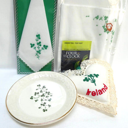A Collection of Vintage Items Celebrating IRISH ARTS AND CRAFTS: Including Irish Pillow, Shamrock Ceramic Trinket Tray, Embroidered Tea Napkin, and Ladies Linen Handkerchief Set