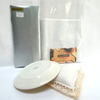 A Collection of Vintage Items Celebrating IRISH ARTS AND CRAFTS: Including Irish Pillow, Shamrock Ceramic Trinket Tray, Embroidered Tea Napkin, and Ladies Linen Handkerchief Set