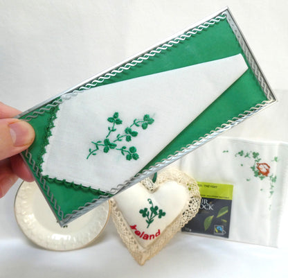 A Collection of Vintage Items Celebrating IRISH ARTS AND CRAFTS: Including Irish Pillow, Shamrock Ceramic Trinket Tray, Embroidered Tea Napkin, and Ladies Linen Handkerchief Set