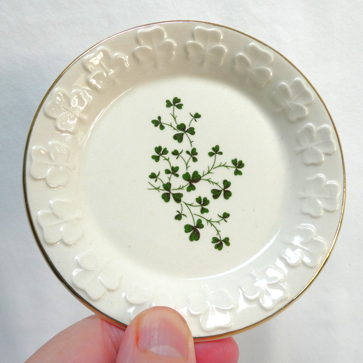A Collection of Vintage Items Celebrating IRISH ARTS AND CRAFTS: Including Irish Pillow, Shamrock Ceramic Trinket Tray, Embroidered Tea Napkin, and Ladies Linen Handkerchief Set