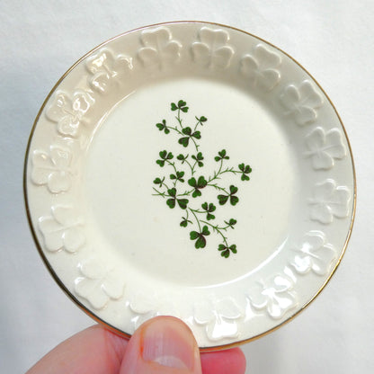A Collection of Vintage Items Celebrating IRISH ARTS AND CRAFTS: Including Irish Pillow, Shamrock Ceramic Trinket Tray, Embroidered Tea Napkin, and Ladies Linen Handkerchief Set