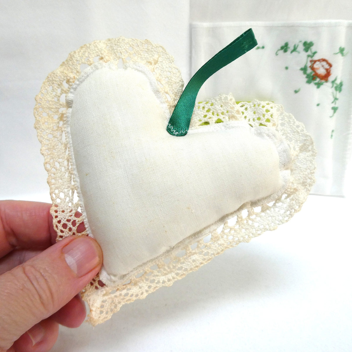A Collection of Vintage Items Celebrating IRISH ARTS AND CRAFTS: Including Irish Pillow, Shamrock Ceramic Trinket Tray, Embroidered Tea Napkin, and Ladies Linen Handkerchief Set