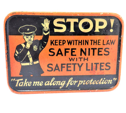 STOP! Keep Within The Law, SAFETY BULB BOX Vintage Tin Container