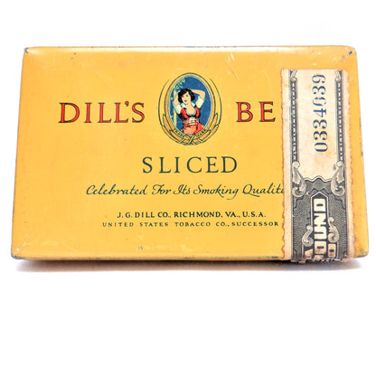 Vintage Tobacciana Tin Container: DILL'S BEST SLICED VIRGINIA PIPE TOBACCO