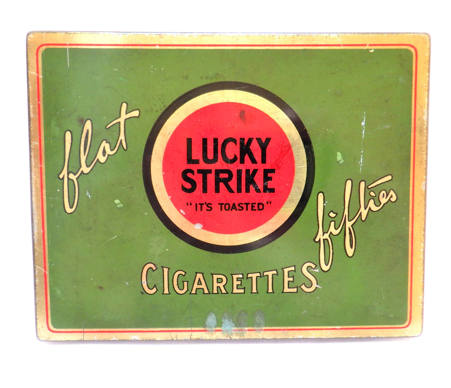 LUCKY STRIKE, "It's Toasted" FLAT FIFTIES CIGARETTES Vintage Tin, Made in USA