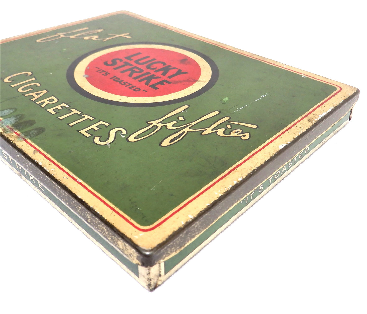 LUCKY STRIKE, "It's Toasted" FLAT FIFTIES CIGARETTES Vintage Tin, Made in USA