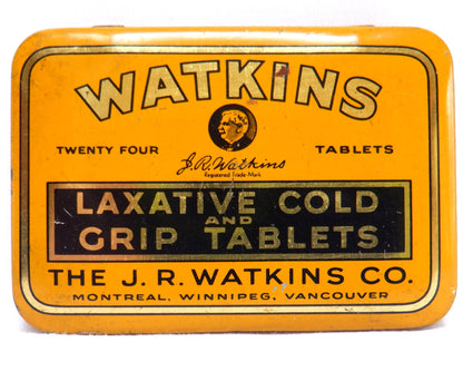 J.R. WATKINS Laxative Cold & Grip Antique Tablet Tin: RARE Canadian Address!