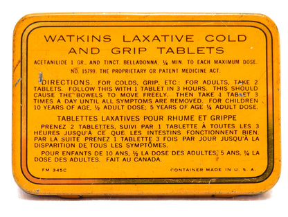 J.R. WATKINS Laxative Cold & Grip Antique Tablet Tin: RARE Canadian Address!