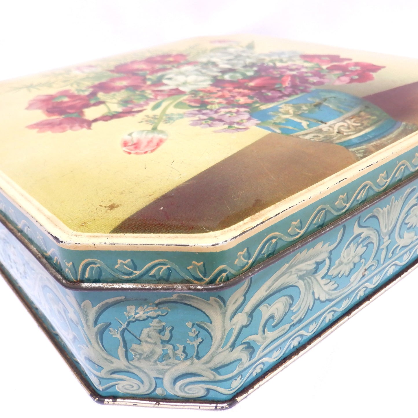 Antique Tin Cookie Container by Gray Dunn & Company of Scotland: 'PRIMULAS & TULIPS'