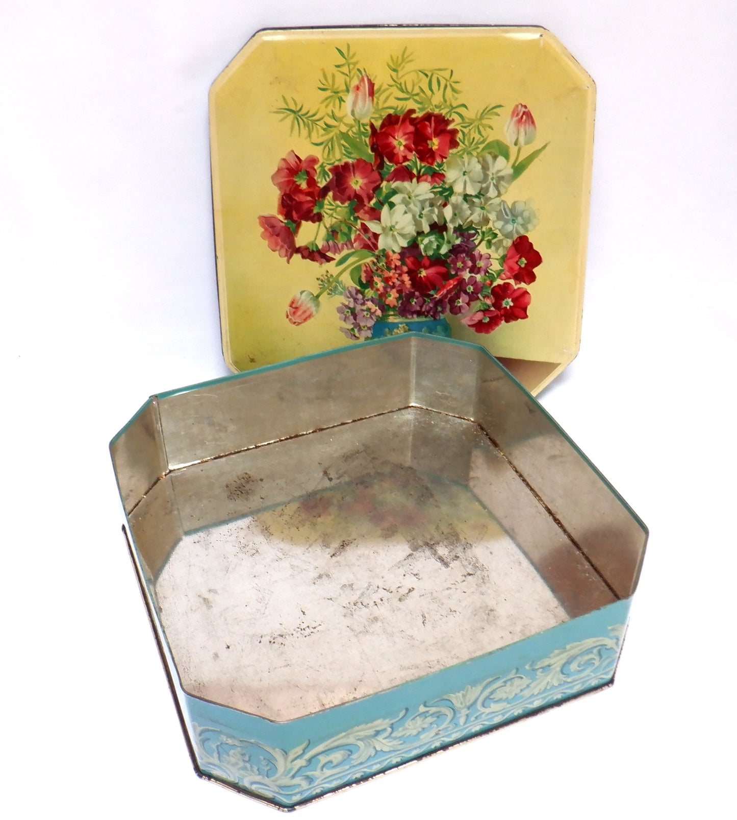 Antique Tin Cookie Container by Gray Dunn & Company of Scotland: 'PRIMULAS & TULIPS'