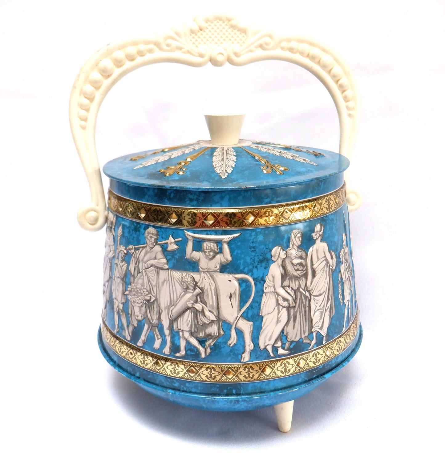 Vintage Blue Tin Candy Bucket Container with Original Plastic Handle: 'THE GREEK GODDESS'