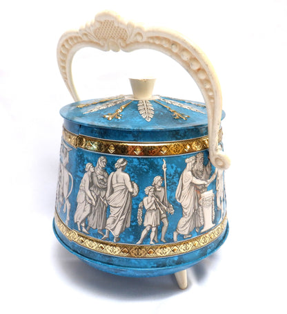 Vintage Blue Tin Candy Bucket Container with Original Plastic Handle: 'THE GREEK GODDESS'