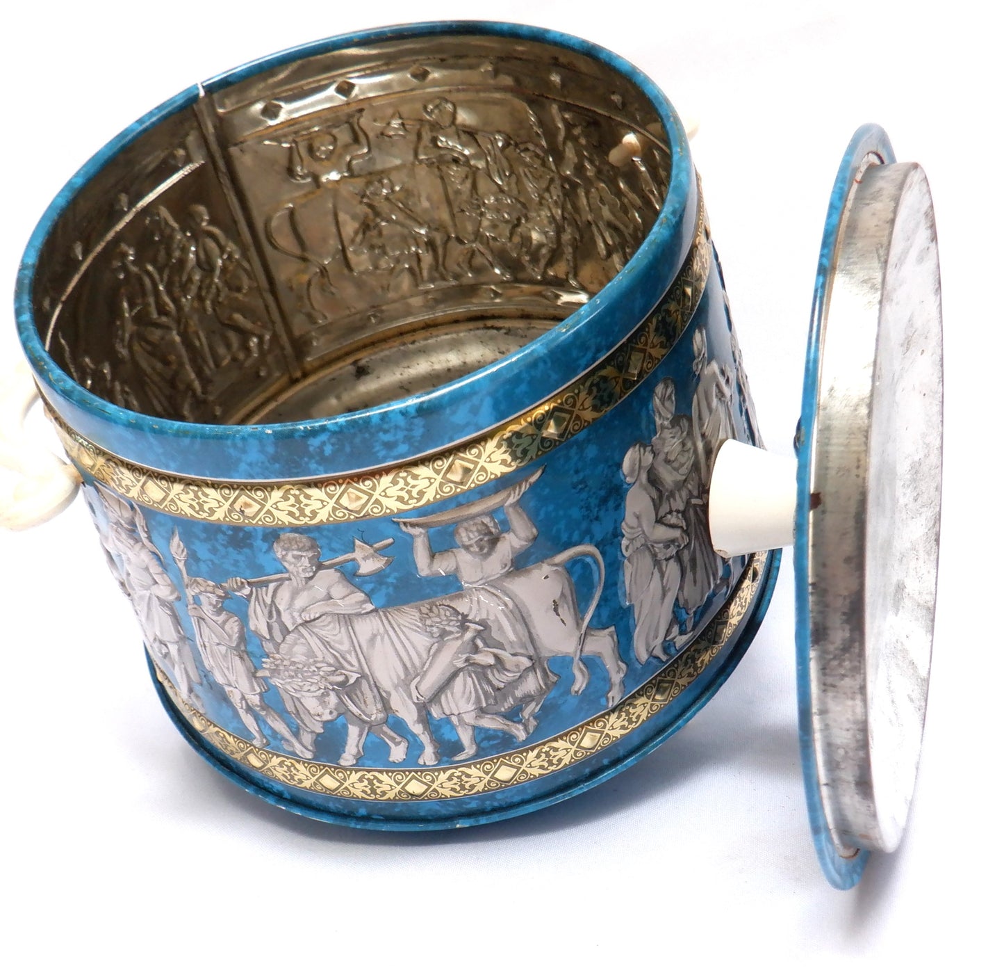 Vintage Blue Tin Candy Bucket Container with Original Plastic Handle: 'THE GREEK GODDESS'