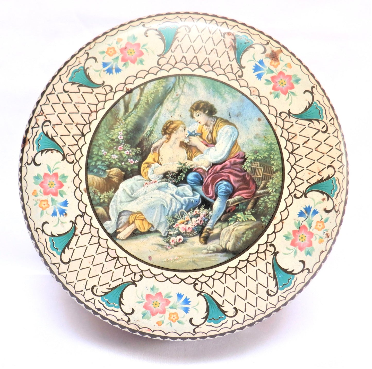 ANTIQUE TIN By FILLERYS TOFFEES LIMITED of Birmingham, England: 'Lovers Passion in the Garden'