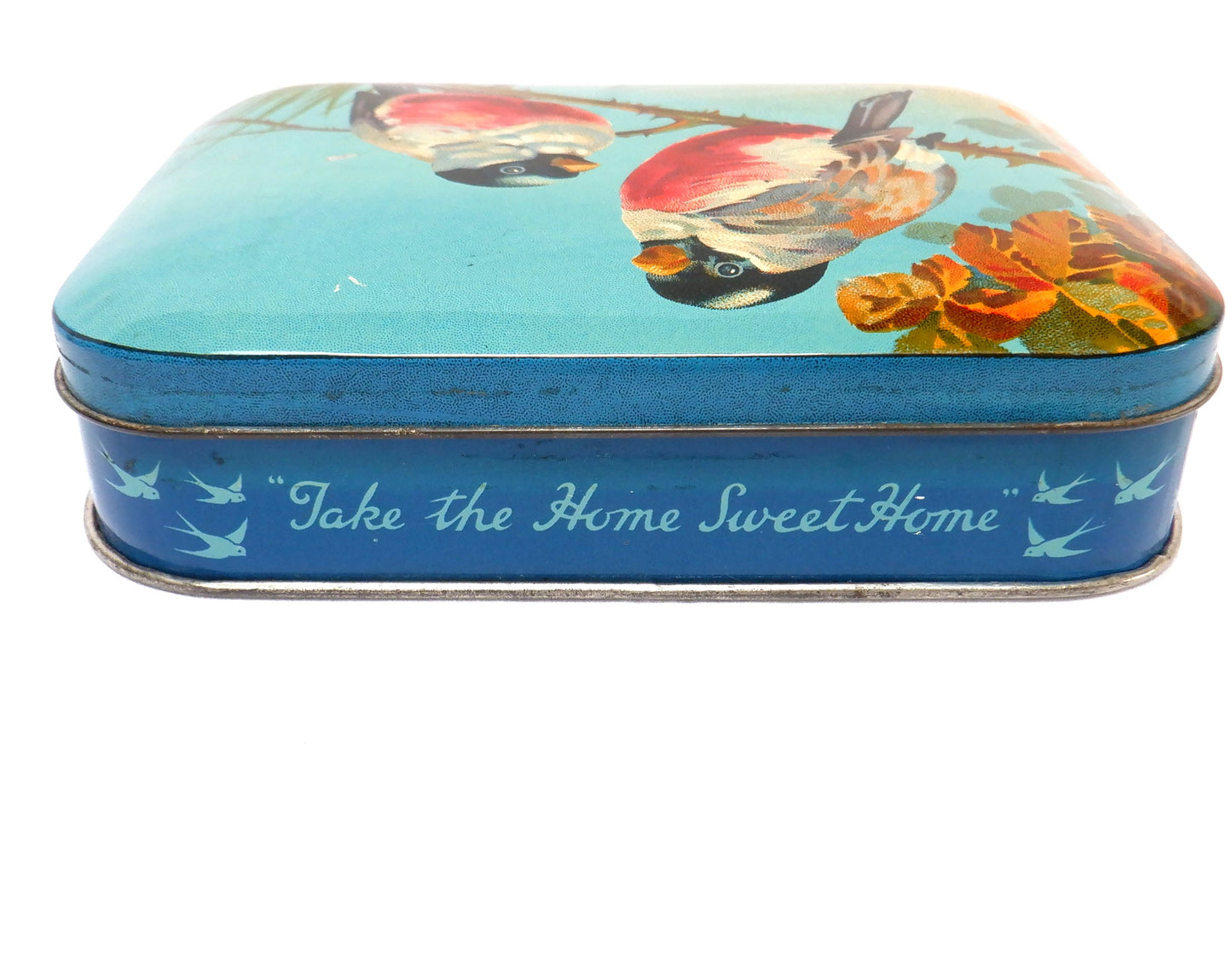 BLUE BIRD TOFFEE "RED BREASTED CHICKADEES" 1950's Vintage Tin