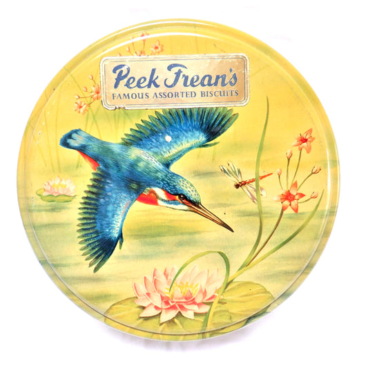 Vintage Peek Frean's Famous Assorted Biscuits Tin Can Container: THE BLUE KINGFISHER!