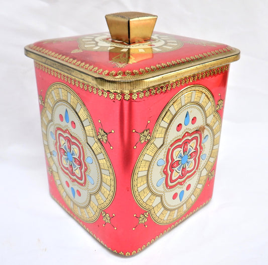 VINTAGE TIN STORAGE CONTAINER FROM ENGLAND: 'Pass The Red Tea-Caddy Please'