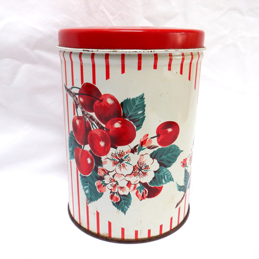 Round Vintage Tin Kitchen Container: 'CHERRIES & FLOWERS'