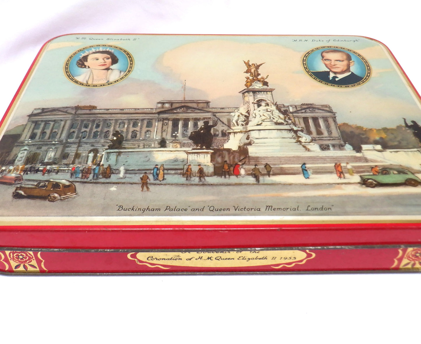 Coronation of H.M. Queen Elizabeth II. Souvenir Tin made by G.F. Lovell & Co 1955