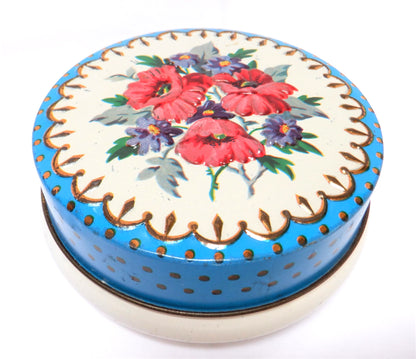 Vintage Round Tin Container by Riley's Toffee of England: 'RED & BLUE WILD FLOWERS'