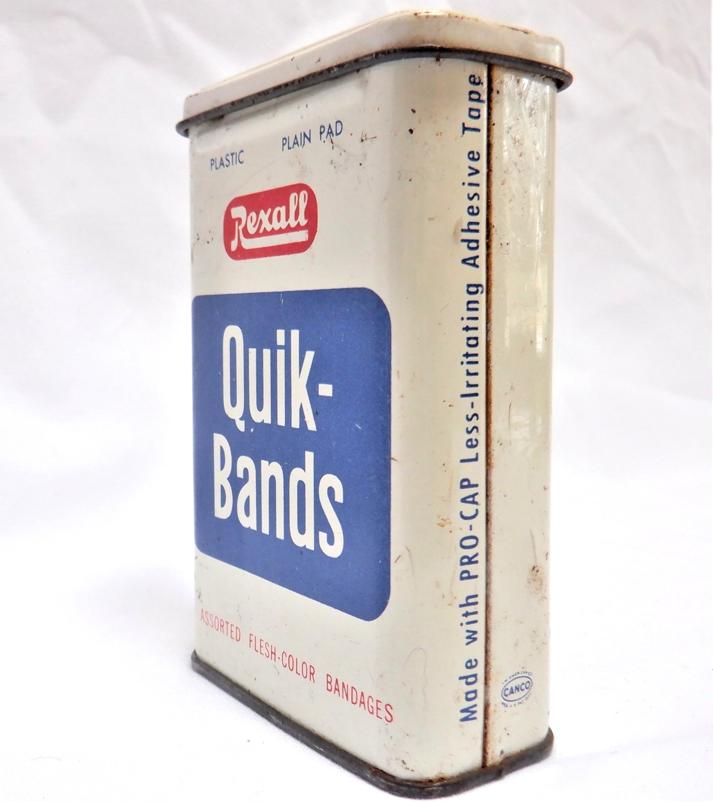 REXALL QUICK-BANDS, Assorted Bandages Medical Vintage Tin Container, Made in Canada!