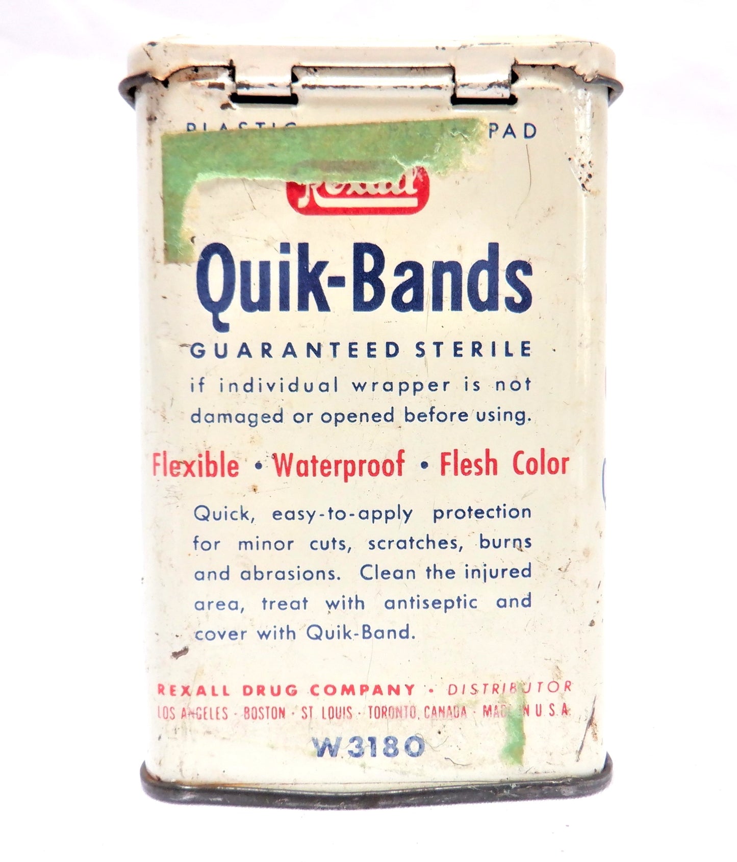 REXALL QUICK-BANDS, Assorted Bandages Medical Vintage Tin Container, Made in Canada!