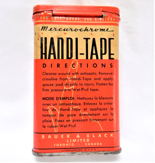 Vintage Medical Tin Container from BAUER & BLACK LIMITED, 'Mercurochrome Handi-Tape' TORONTO, CANADA