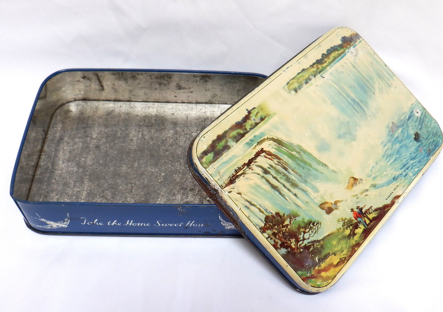 Antique Tin from BLUE BIRD TOFFEE: 'AMERICAN NIAGARA FALLS & THE MAID OF THE MIST'