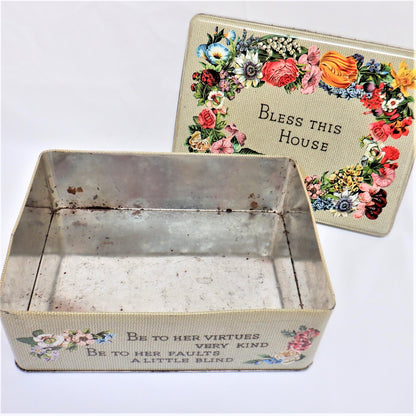 'BLESS THIS HOUSE', A Large Vintage Cookie Tin Container, by Carr's Famous Biscuit Company