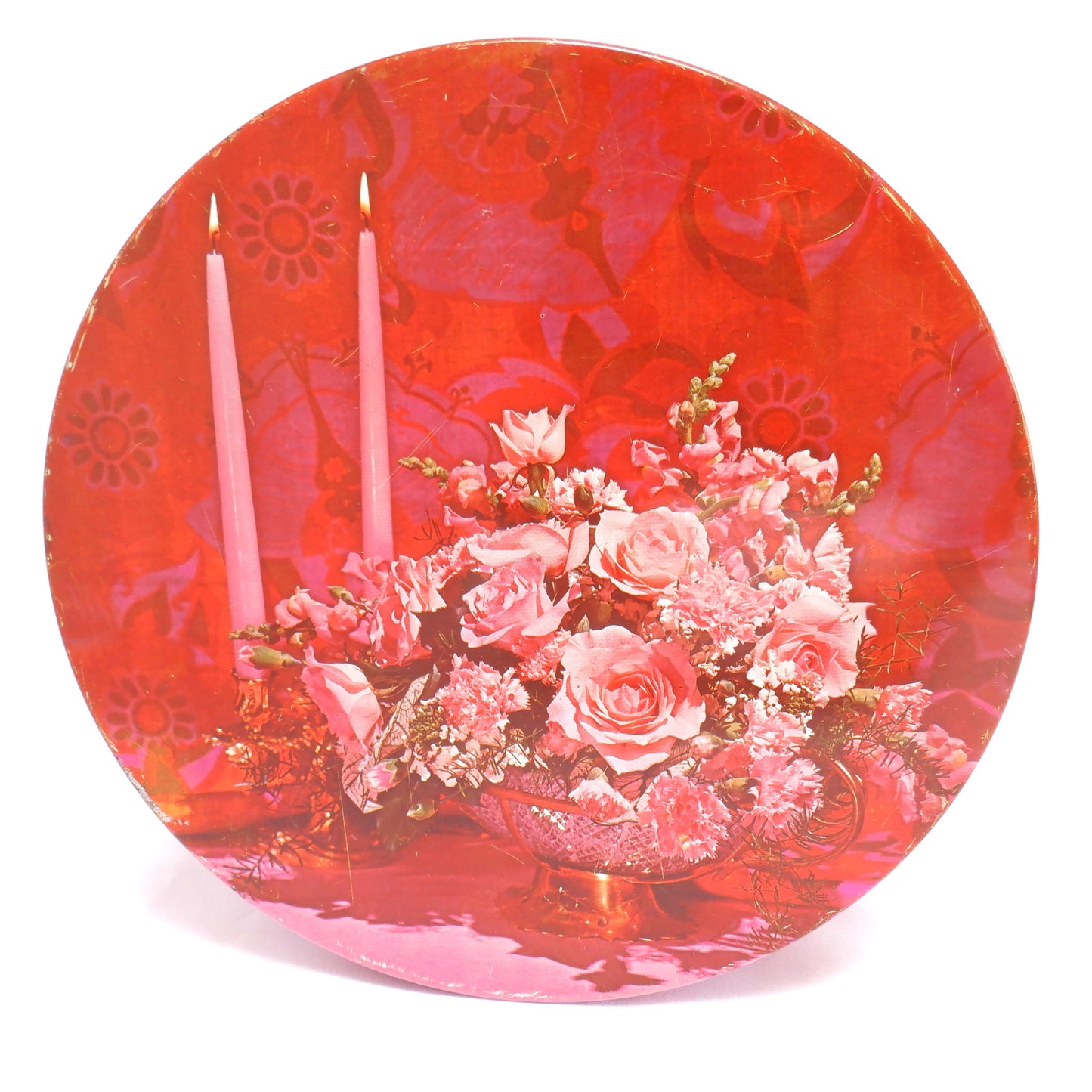 "PINK ROSES AND CANDLELIGHT" Vintage Tin Container from England