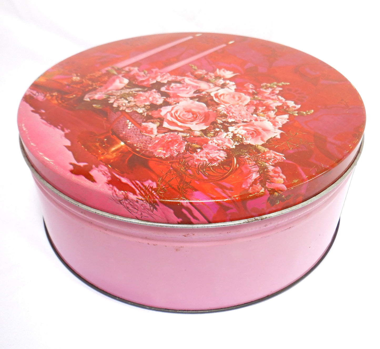 "PINK ROSES AND CANDLELIGHT" Vintage Tin Container from England