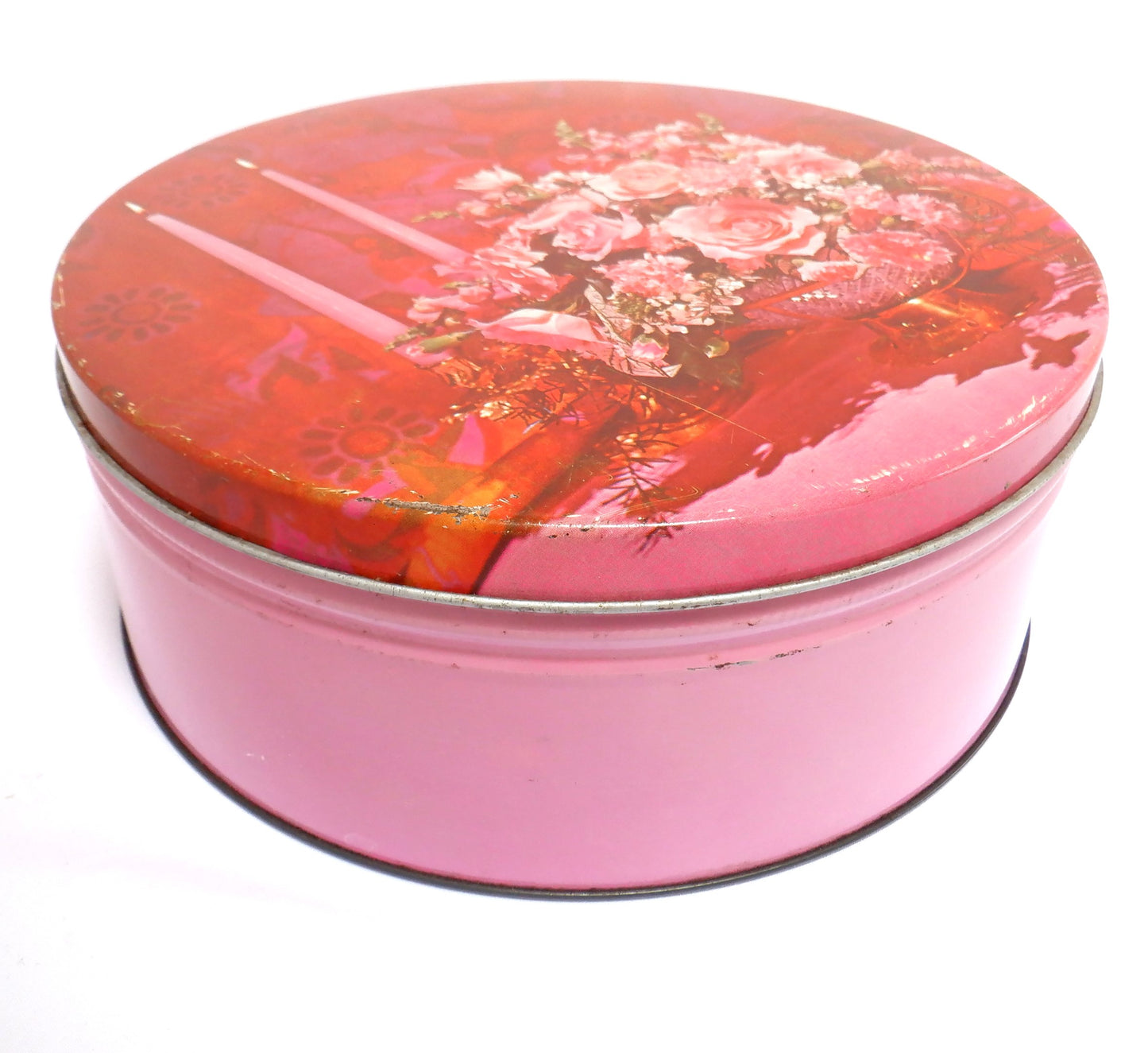 "PINK ROSES AND CANDLELIGHT" Vintage Tin Container from England