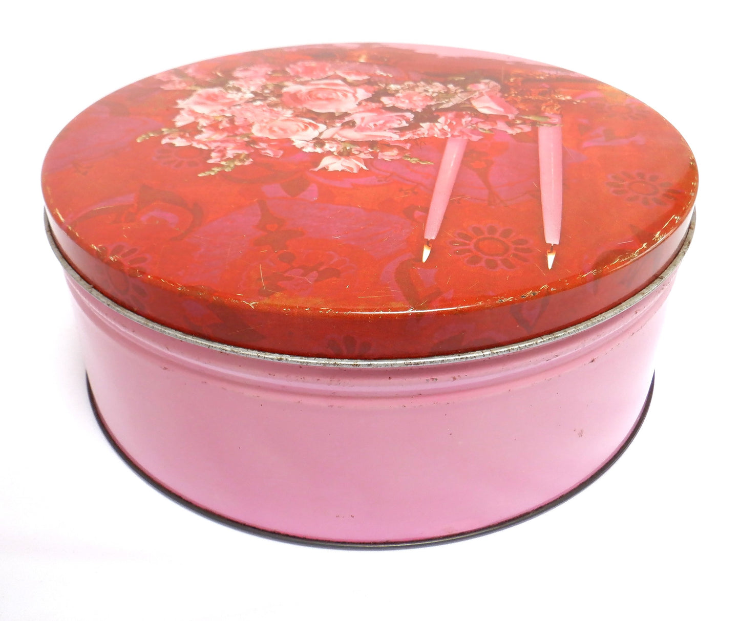 "PINK ROSES AND CANDLELIGHT" Vintage Tin Container from England