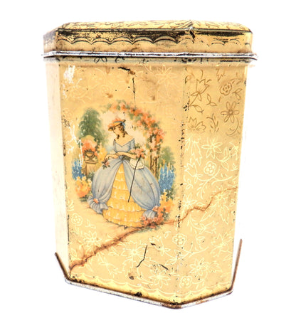 Vintage Tin English Tea Caddy: 'VICTORIAN LADY GATHERING FLOWERS'