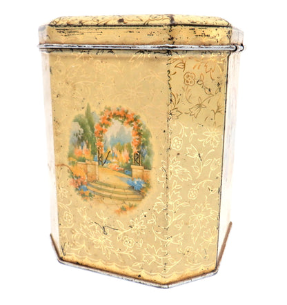 Vintage Tin English Tea Caddy: 'VICTORIAN LADY GATHERING FLOWERS'