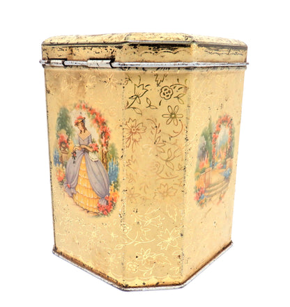 Vintage Tin English Tea Caddy: 'VICTORIAN LADY GATHERING FLOWERS'