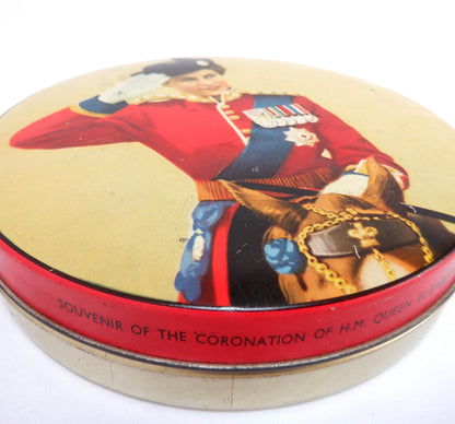 A Coronation Vintage Tin by Henry Thorne & Co. of HRM Queen Elizabeth II, Taking Salute on Horseback, 1953