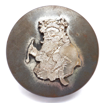 ANTIQUE PEWTER-TOPPED ROUND TIN by Metzke of Tallahassee, Florida: 'CHRISTMAS SANTA-OLD ST. NICK!'