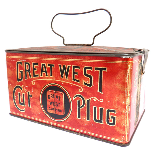 GREAT WEST CUT PLUG, Antique Latched Tin Container by The Empire Tobacco Company of CANADA, 1915