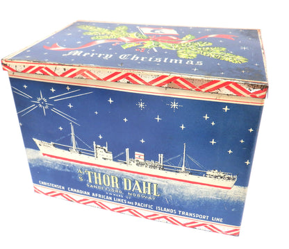 CHRISTENSEN CANADIAN AFRICAN LINES and PACIFIC ISLANDS TRANSPORT LINE: A/S Thor Dahl Christmas Edition Antique Tin Container