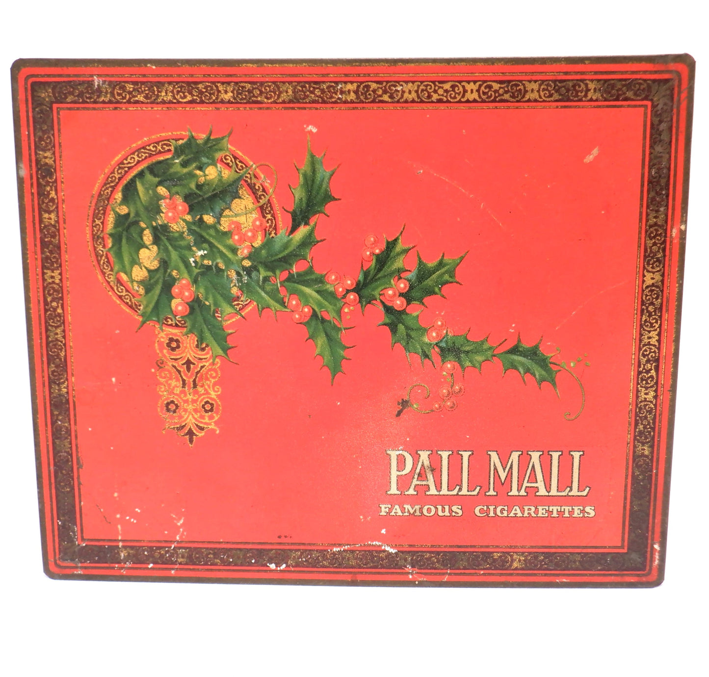 Antique Red & Gold Hinged-Lid Tin Humidor by PALL MALL FAMOUS CIGARETTES: Rare Holly-Jolly Christmas Edition