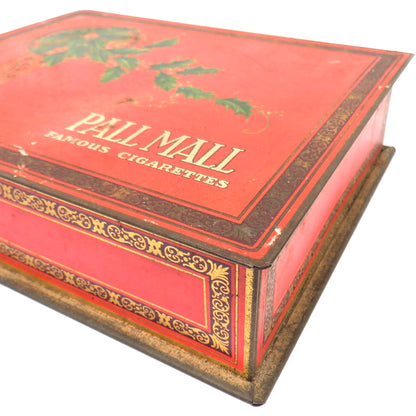 Antique Red & Gold Hinged-Lid Tin Humidor by PALL MALL FAMOUS CIGARETTES: Rare Holly-Jolly Christmas Edition